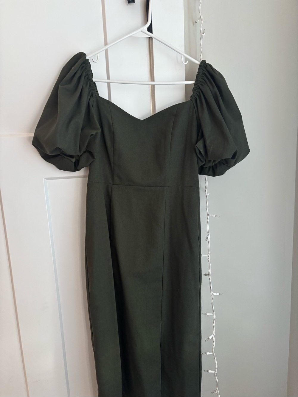Francesca's Collections Olive Green Puff-Sleeve Midi Dress